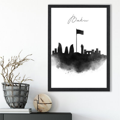 Artze Wall Art Baku Watercolour Skyline City Framed Print Size: A3 With Black Frame from B&Q