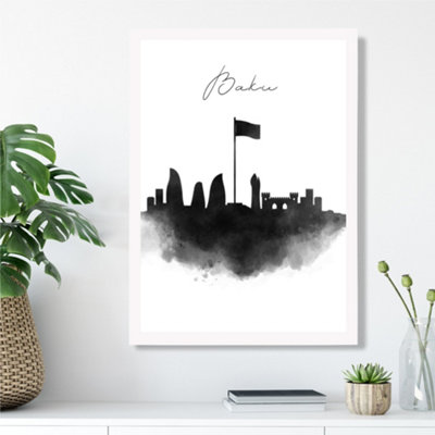 Artze Wall Art Baku Watercolour Skyline City Framed Print Size: A3 With White Frame from B&Q