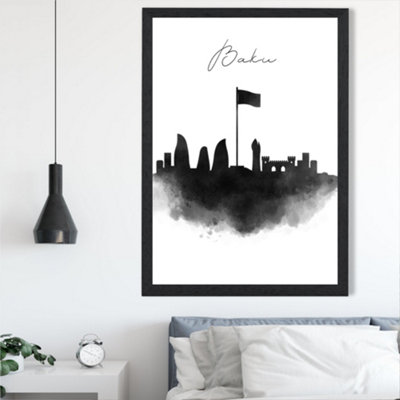 Artze Wall Art Baku Watercolour Skyline City Framed Print Size: A2 With Black Frame from B&Q