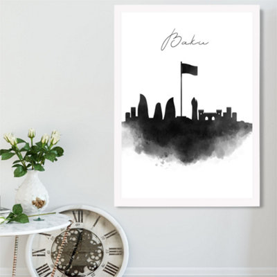 Artze Wall Art Baku Watercolour Skyline City Framed Print Size: A2 With White Frame from B&Q