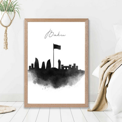 Artze Wall Art Baku Watercolour Skyline City Framed Print Size: A2 With Oak Frame from B&Q