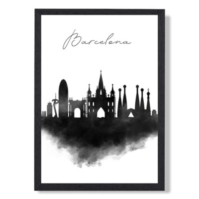 Artze Wall Art Barcelona Watercolour Skyline City Art Print With Black Frame Size: A4 from B&Q