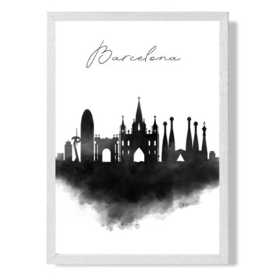 Artze Wall Art Barcelona Watercolour Skyline City Art Print With White Frame Size: A4 from B&Q