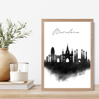 Artze Wall Art Barcelona Watercolour Skyline City Framed Print Size: A4 With Oak Frame from B&Q