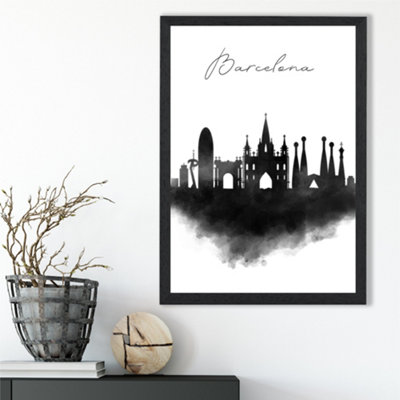 Artze Wall Art Barcelona Watercolour Skyline City Framed Print Size: A3 With Black Frame from B&Q