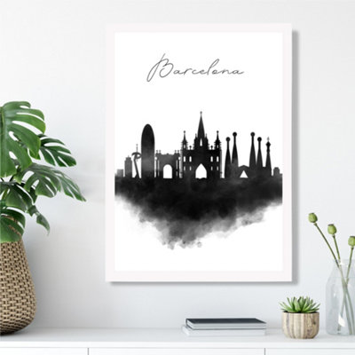 Artze Wall Art Barcelona Watercolour Skyline City Framed Print Size: A3 With White Frame from B&Q