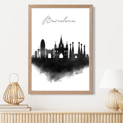 Artze Wall Art Barcelona Watercolour Skyline City Framed Print Size: A3 With Oak Frame from B&Q
