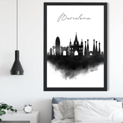 Artze Wall Art Barcelona Watercolour Skyline City Framed Print Size: A2 With Black Frame from B&Q