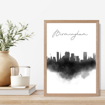 Artze Wall Art Birmingham Watercolour Skyline City Framed Print Size: A4 With Oak Frame from B&Q