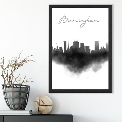 Artze Wall Art Birmingham Watercolour Skyline City Framed Print Size: A3 With Black Frame from B&Q