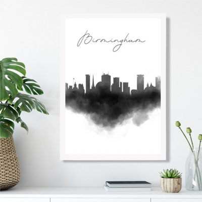 Artze Wall Art Birmingham Watercolour Skyline City Framed Print Size: A3 With White Frame from B&Q