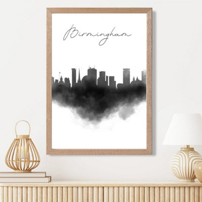 Artze Wall Art Birmingham Watercolour Skyline City Framed Print Size: A3 With Oak Frame from B&Q
