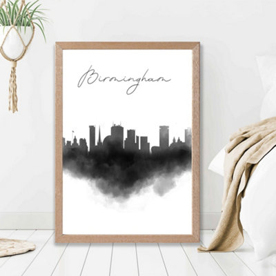 Artze Wall Art Birmingham Watercolour Skyline City Framed Print Size: A2 With Oak Frame from B&Q