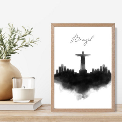 Artze Wall Art Brazil Watercolour Skyline City Framed Print Size: A4 With Oak Frame from B&Q