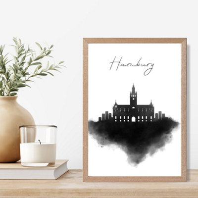 Artze Wall Art Hamburg Watercolour Skyline City Framed Print Size: A4 With Oak Frame from B&Q