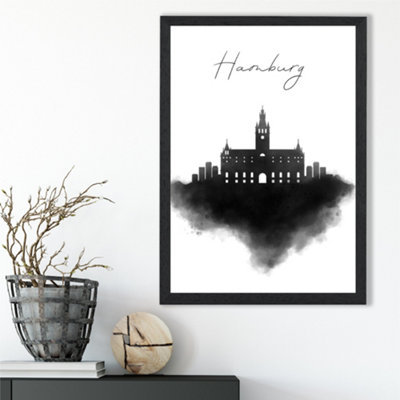 Artze Wall Art Hamburg Watercolour Skyline City Framed Print Size: A3 With Black Frame from B&Q