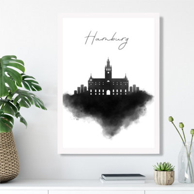Artze Wall Art Hamburg Watercolour Skyline City Framed Print Size: A3 With White Frame from B&Q