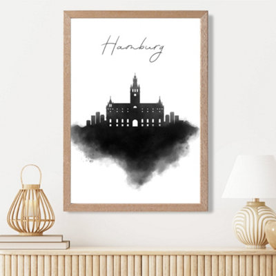 Artze Wall Art Hamburg Watercolour Skyline City Framed Print Size: A3 With Oak Frame from B&Q