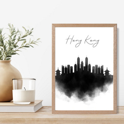 Artze Wall Art Hong Kong Watercolour Skyline City Framed Print Size: A4 With Oak Frame from B&Q