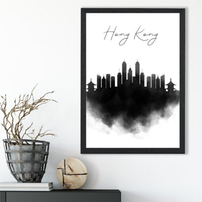 Artze Wall Art Hong Kong Watercolour Skyline City Framed Print Size: A3 With Black Frame from B&Q