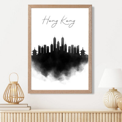 Artze Wall Art Hong Kong Watercolour Skyline City Framed Print Size: A3 With Oak Frame from B&Q