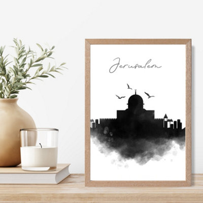 Artze Wall Art Jerusalem Watercolour Skyline City Framed Print Size: A4 With Oak Frame from B&Q