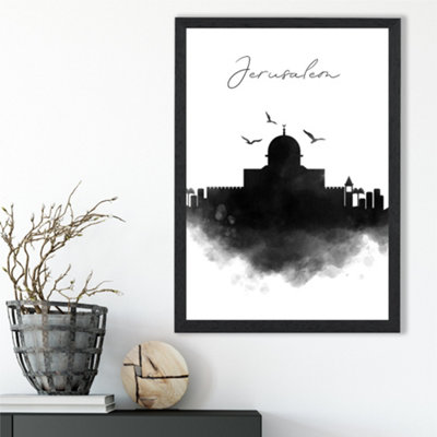 Artze Wall Art Jerusalem Watercolour Skyline City Framed Print Size: A3 With Black Frame from B&Q