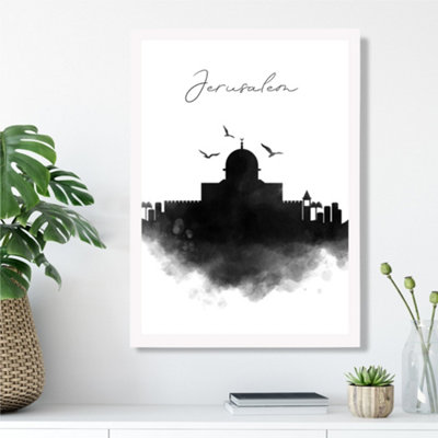 Artze Wall Art Jerusalem Watercolour Skyline City Framed Print Size: A3 With White Frame from B&Q