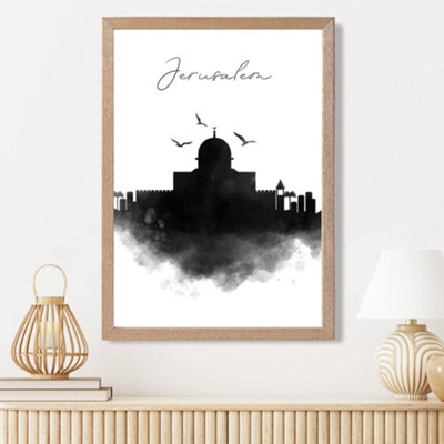 Artze Wall Art Jerusalem Watercolour Skyline City Framed Print Size: A3 With Oak Frame from B&Q