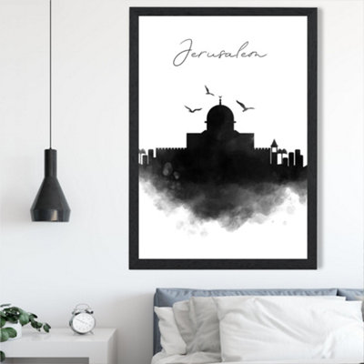 Artze Wall Art Jerusalem Watercolour Skyline City Framed Print Size: A2 With Black Frame from B&Q