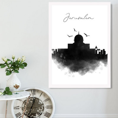 Artze Wall Art Jerusalem Watercolour Skyline City Framed Print Size: A2 With White Frame from B&Q