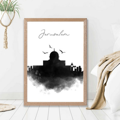 Artze Wall Art Jerusalem Watercolour Skyline City Framed Print Size: A2 With Oak Frame from B&Q