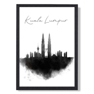 Artze Wall Art Kuala Lumpur Watercolour Skyline City Art Print With Black Frame Size: A4