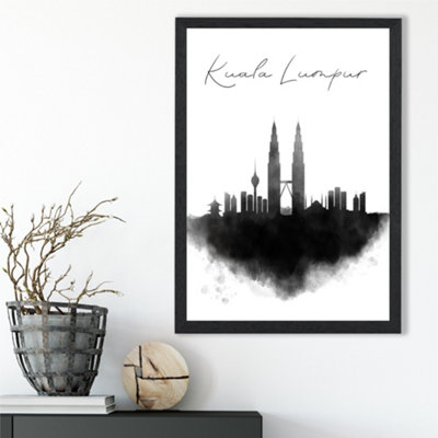 Artze Wall Art Kuala Lumpur Watercolour Skyline City Framed Print Size: A3 With Black Frame