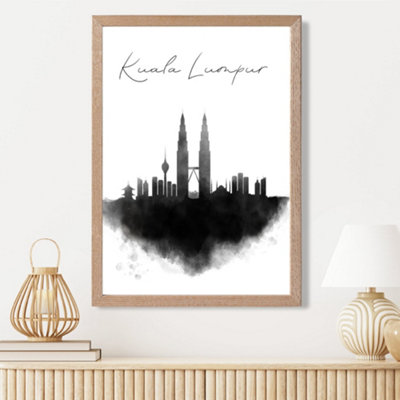 Artze Wall Art Kuala Lumpur Watercolour Skyline City Framed Print Size: A3 With Oak Frame