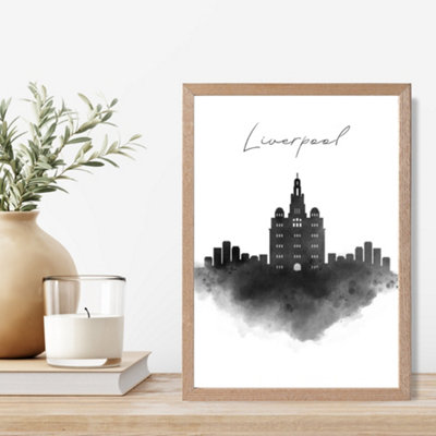 Artze Wall Art Liverpool Watercolour Skyline City Framed Print Size: A4 With Oak Frame from B&Q