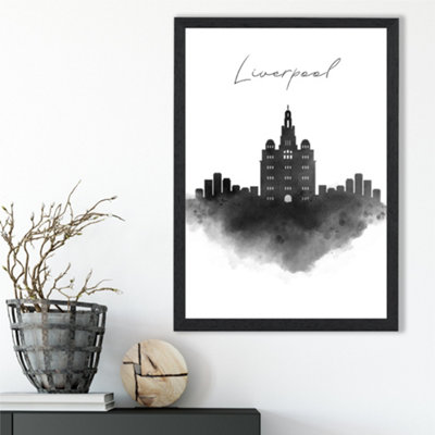 Artze Wall Art Liverpool Watercolour Skyline City Framed Print Size: A3 With Black Frame from B&Q