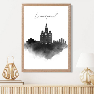 Artze Wall Art Liverpool Watercolour Skyline City Framed Print Size: A3 With Oak Frame from B&Q