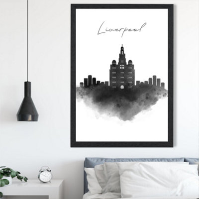 Artze Wall Art Liverpool Watercolour Skyline City Framed Print Size: A2 With Black Frame from B&Q