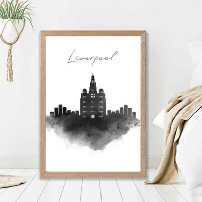 Artze Wall Art Liverpool Watercolour Skyline City Framed Print Size: A2 With Oak Frame from B&Q