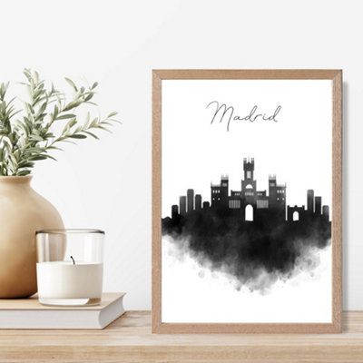 Artze Wall Art Madrid Watercolour Skyline City Framed Print Size: A4 With Oak Frame from B&Q