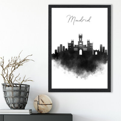 Artze Wall Art Madrid Watercolour Skyline City Framed Print Size: A3 With Black Frame from B&Q