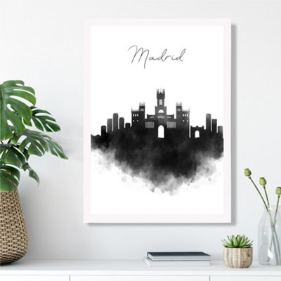 Artze Wall Art Madrid Watercolour Skyline City Framed Print Size: A3 With White Frame from B&Q