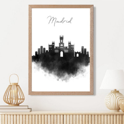Artze Wall Art Madrid Watercolour Skyline City Framed Print Size: A3 With Oak Frame from B&Q