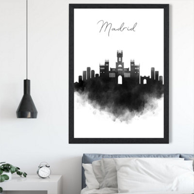 Artze Wall Art Madrid Watercolour Skyline City Framed Print Size: A2 With Black Frame from B&Q