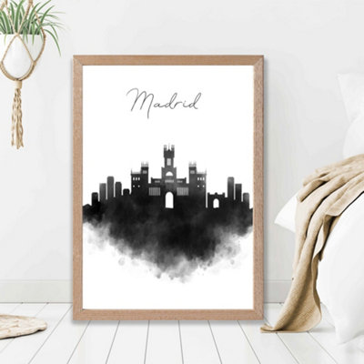 Artze Wall Art Madrid Watercolour Skyline City Framed Print Size: A2 With Oak Frame from B&Q