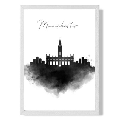 Artze Wall Art Manchester Watercolour Skyline City Art Print With White Frame Size: A4 from B&Q