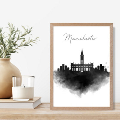 Artze Wall Art Manchester Watercolour Skyline City Framed Print Size: A4 With Oak Frame from B&Q