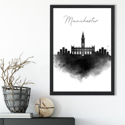 Artze Wall Art Manchester Watercolour Skyline City Framed Print Size: A3 With Black Frame from B&Q
