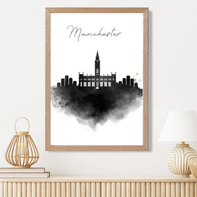Artze Wall Art Manchester Watercolour Skyline City Framed Print Size: A3 With Oak Frame from B&Q